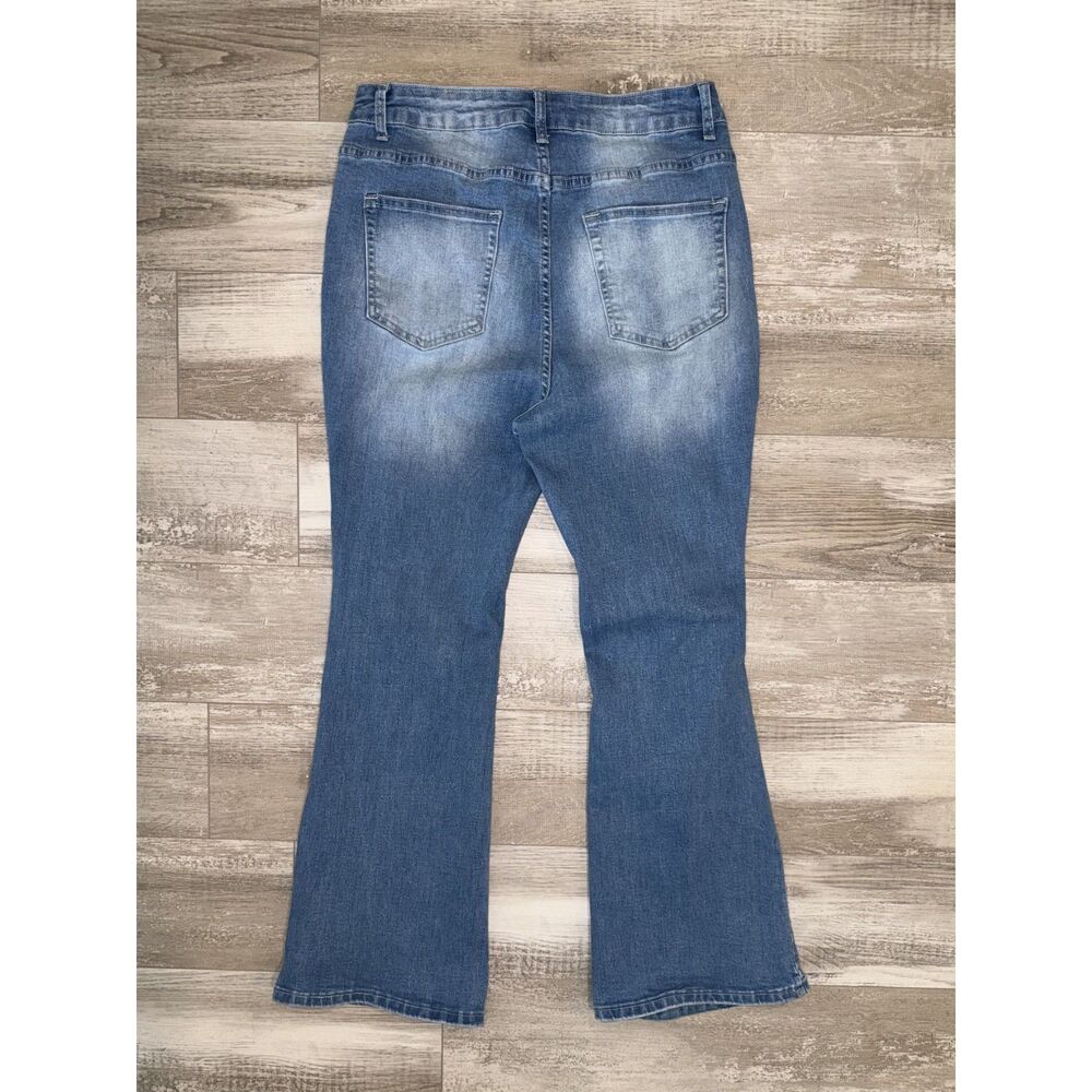 Women's Plus Size 0XL Distressed Flare Jeans Blue Stretch High Rise Denim - Picture 5 of 12
